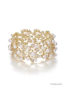 Crystal Faux Pearl Stretch Bracelet 1920s Vintage Wedding Prom Jewelry